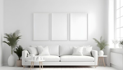 Mock up frame in white home interior background, bright room with minimal decor, 3d render