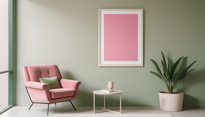 Mockup poster frame in modern interior, beige room with pink chair