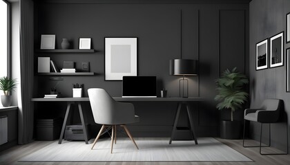 Home office interior background, modern interior in black and gray tones, home workplace, 3d rendering