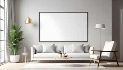Obraz premium White poster frame mockup in modern living room interior design, 3d rendering
