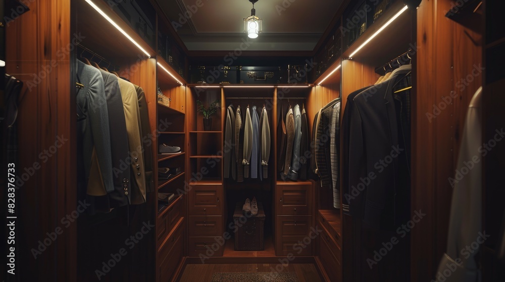 Poster A walk-in closet filled with various clothing items. Suitable for fashion blogs or interior design websites