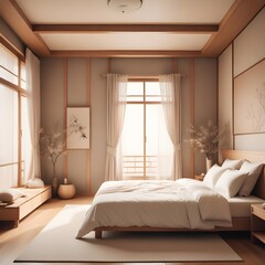 Luxury bedroom interior with minimal decor, Japandy style, 3d render