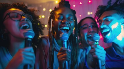 A group of people singing into a microphone, ideal for music or karaoke concepts