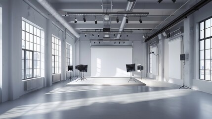 A large and professional photography studio room with lighting equipment. 3D illustration. 