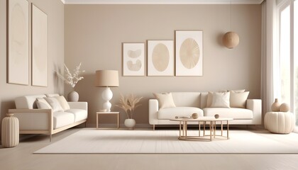 Home interior with console and decoration, living room in beige color with white furniture, 3d render
