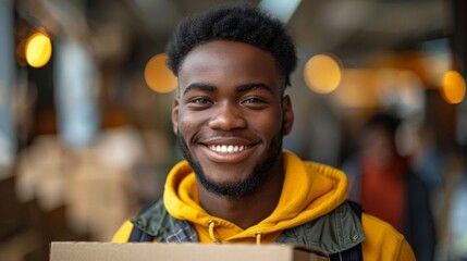 Young handsome african american man holding delivery package looking positive and happy standing and smiling with a confident smile showing teeth