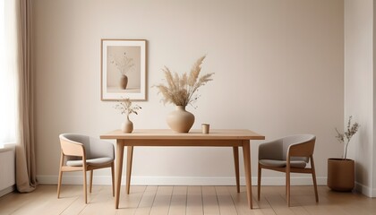 Beige contemporary minimalist interior with table, chair, blank wall, and decor