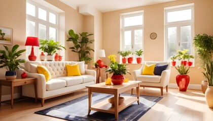 Home interior with console and decoration, living room in beige color with white furniture, 3d render