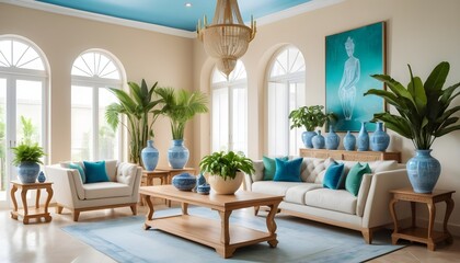 Home interior with console and decoration, living room in beige color with white furniture, 3d render