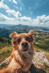 Obraz premium A cool dog wearing sunglasses on a mountain peak. Perfect for outdoor and adventure themes