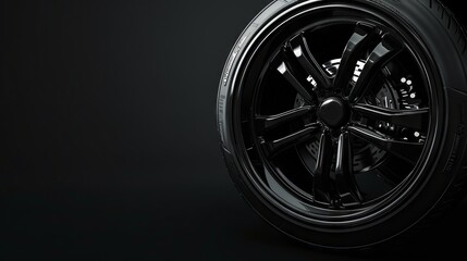 Banner for Car Wheel Business. 3d rendering and illustration. Wheel black background.