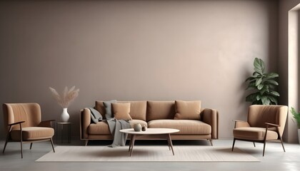 Bright living room interior with gray plaster wall, brown stylish sofa and beige armchair, 3d render