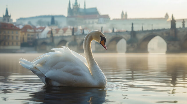 Swan swimming on the Vltava river with Prague castle in the background
