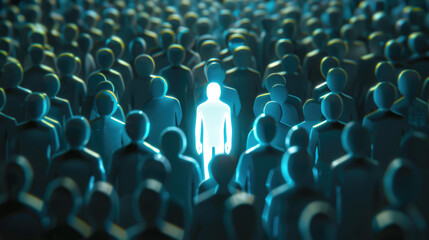 Fototapeta premium Glowing figure standing out in a crowd. Leadership and thought leader business concept.