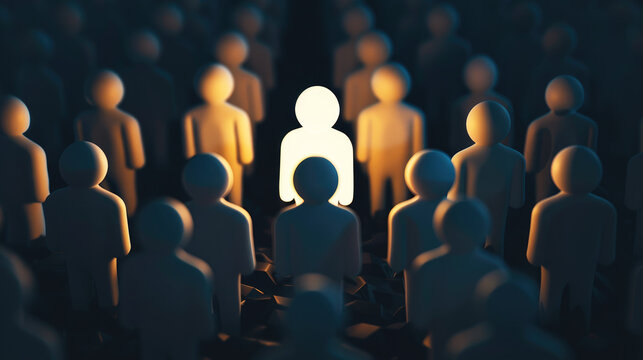 Glowing figure standing out in a crowd. Leadership and thought leader business concept.