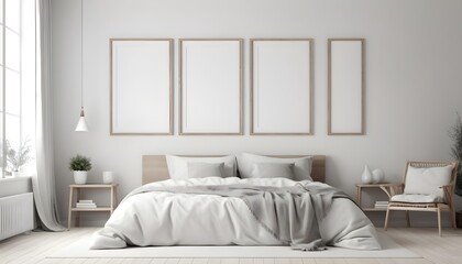 Blank frames in scandinavian style bedroom interior, home interior, 3d rendering