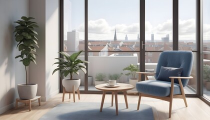 Balcony view with a cozy blue armchair, coffee table and plant, 3d rendering