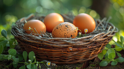 Easter basket filled with colorful eggs on grass
