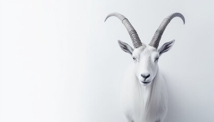 White mountain goat in fog in the mountains on white background