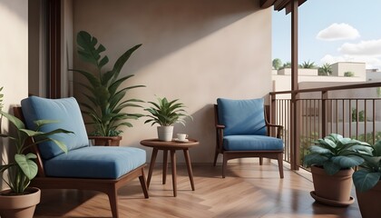 Balcony view with a cozy blue armchair, coffee table and plant, 3d rendering