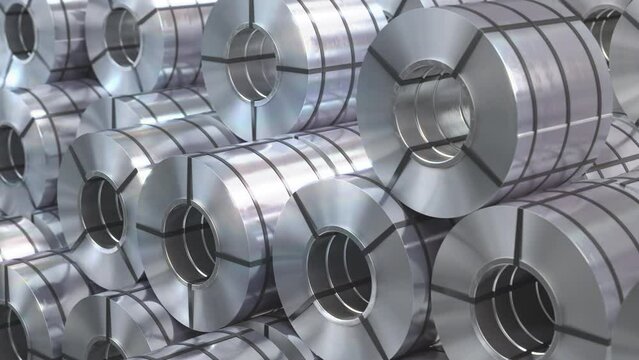 Rolled steel coil in warehouse of plant. Production of steel sheets in rolls and metal products.