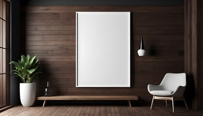 Mockup white poster frame in modern dark wooden interior background, 3D render, 3D visualization