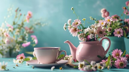 A charming scene with a delicate porcelain cup of tea and a matching teapot filled with fresh flowers, set on a cozy table with soft lighting. - Powered by Adobe