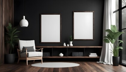 Mockup white poster frame in modern dark wooden interior background, 3D render, 3D visualization