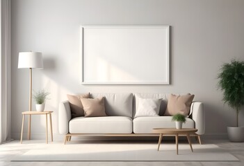 blank picture frame mock up in modern light living room interior with sofa, 3d visualization