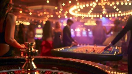 A luxurious night casino with bright lights, a roulette table, glamorous people dressed in elegant outfits.