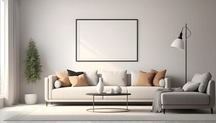 blank picture frame mock up in modern light living room interior with sofa, 3d visualization