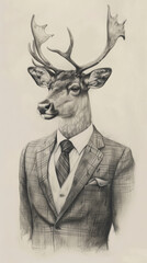 A drawing of a deer wearing a suit and tie