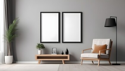 Empty picture frame mock up in modern room interior with armchair and console