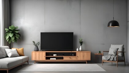 Living room interior with TV console, sofa and decoration, gray concrete wall
