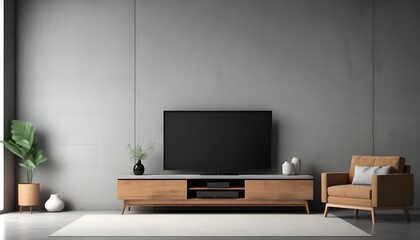 Living room interior with TV console, sofa and decoration, gray concrete wall