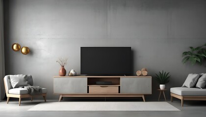 Living room interior with TV console, sofa and decoration, gray concrete wall
