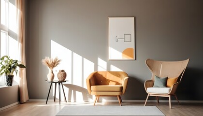 Modern room interior with big armchair and console table with decor near wall with sunlight