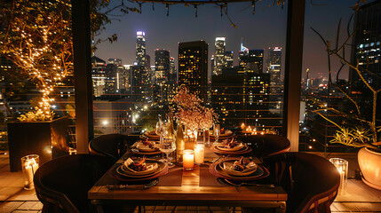 There is a table set for four on a balcony with a view of a city skyline at night.  
