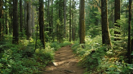 Fototapeta premium A wellmaintained trail takes you through a dense shady grove of tall fir trees.