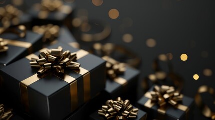 Black gift boxes with gold ribbons on a black background.