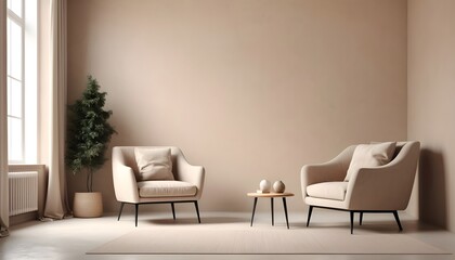 Minimalist living room interior with armchair and beige plasters walls. Interior mockup, 3d render