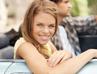 Woman, portrait and road trip in car for travel, drive and journey with explore, adventure or...