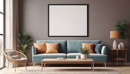 Poster frame mock-up in home interior background with modern sofa, table and decor in living room, 3d render