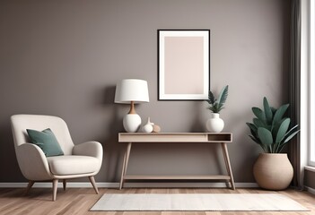 Modern room interior, console table with decor near wall with armchair and wooden floor, 3d visualization