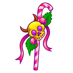 christmas candy cane with holly berries, leaves and golden skull with purple eyes 