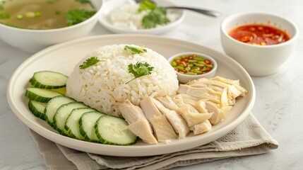 Delicious Serving of Thai Hainanese Chicken Rice with Cucumber Slices and Spicy Sauce - Generative AI