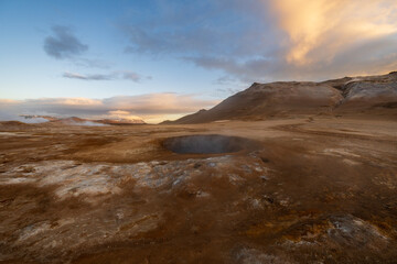 Hverir geothermal area and hot springs in the north east of iceland in summer