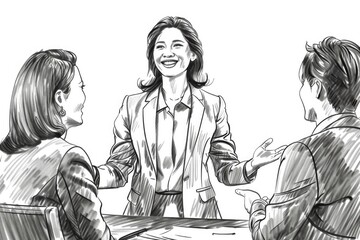 Black and white drawing of a business meeting. Suitable for presentations or business articles