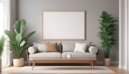 Poster horizontal frame mock up in home living room interior with  sofa and plant, 3d render