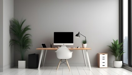 Mockup, modern office interior background with laptop, 3d render